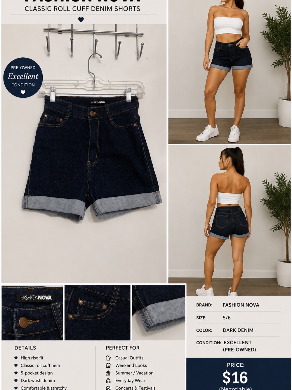 Fashion Nova Dark Denim Rolled Cuff High-Rise Jean Shorts